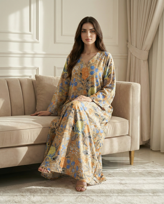 جلابية كويتية دبل كلوش – فلورا بيج ذهبي