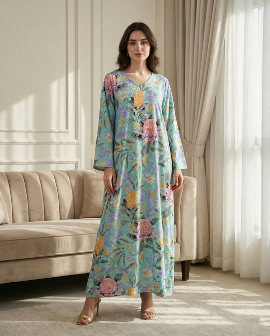 جلابية كويتية دبل كلوش – فلورا تركواز